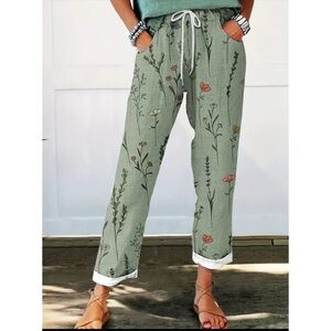 Relaxed Floral Print Drawstring Pants - Sage Green
